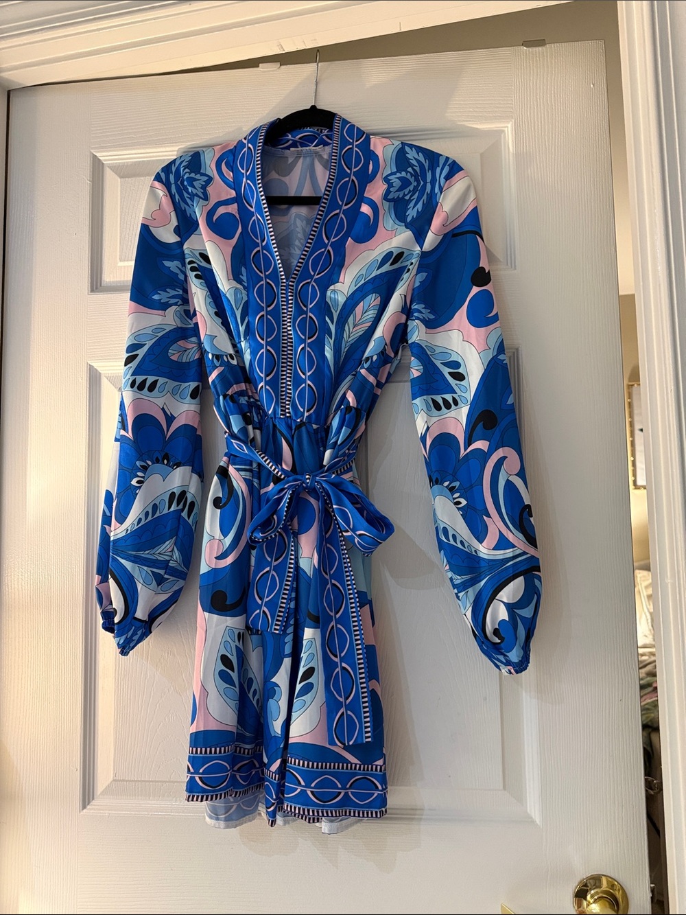 Blue & Pink Printed Mini Dress with Tie Waist